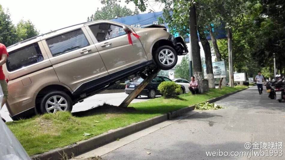 В Нанкине начинающий водитель ?загнал? машину на дерево