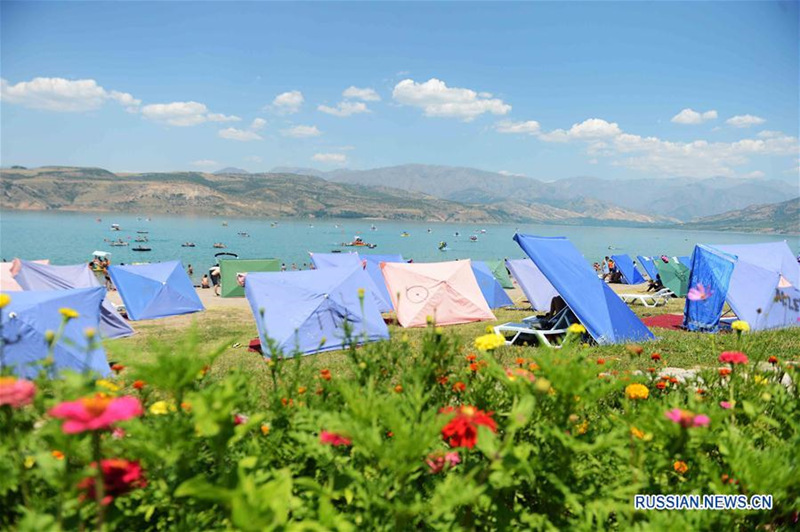 Жители Ташкента спасаются от жары на берегу Чарвакского водохранилища