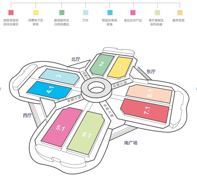 1-я Китайская международная импортная выставка откроется в Китайском государственном выставочном центре (Шанхай). На фото: схематическая карта выставочных зонИсточник: Официальный сайт Китайской международной импортной выставки